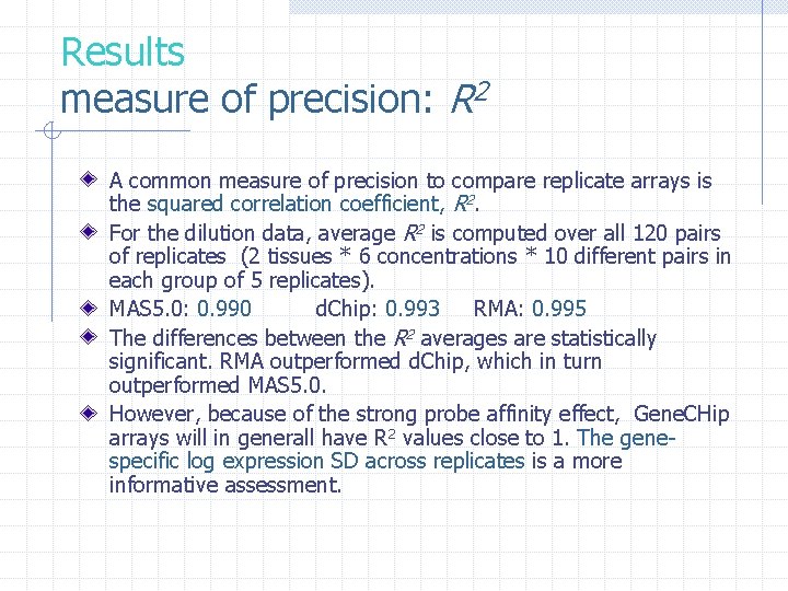 Results measure of precision: R 2 A common measure of precision to compare replicate