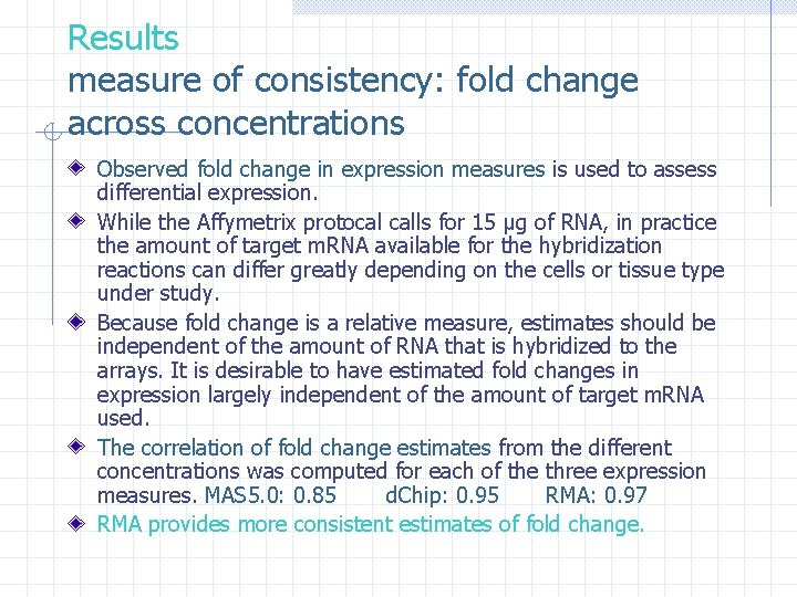 Results measure of consistency: fold change across concentrations Observed fold change in expression measures
