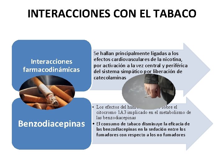 INTERACCIONES CON EL TABACO Interacciones farmacodinámicas Benzodiacepinas • Se hallan principalmente ligadas a los