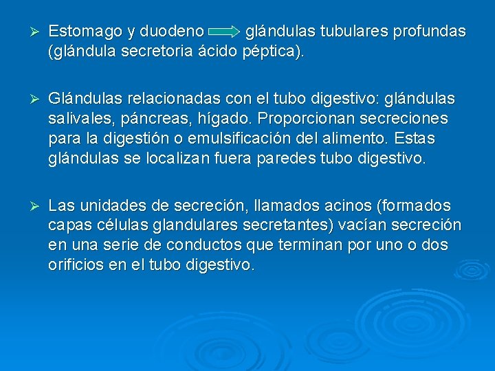 Ø Estomago y duodeno glándulas tubulares profundas (glándula secretoria ácido péptica). Ø Glándulas relacionadas