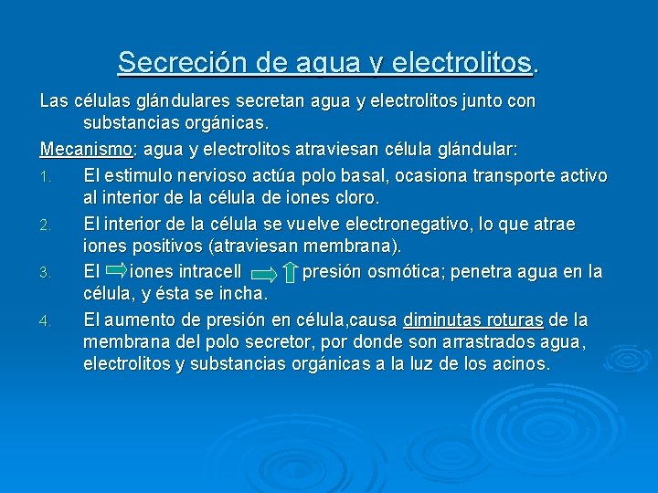 Secreción de agua y electrolitos. Las células glándulares secretan agua y electrolitos junto con