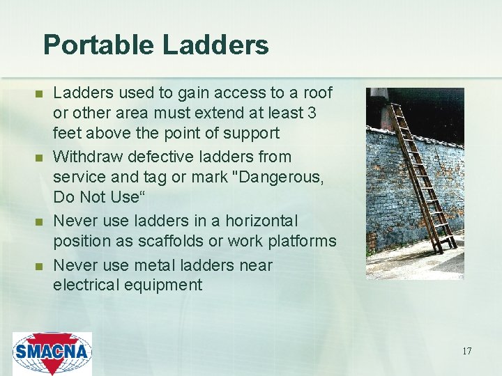 Portable Ladders n n Ladders used to gain access to a roof or other