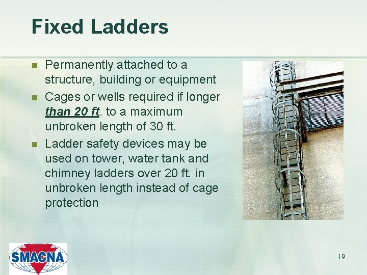 Fixed Ladders n n n Permanently attached to a structure, building or equipment Cages