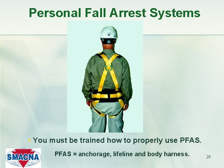 Personal Fall Arrest Systems • You must be trained how to properly use PFAS