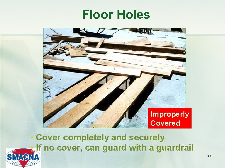 Floor Holes Improperly Covered • Cover completely and securely • If no cover, can