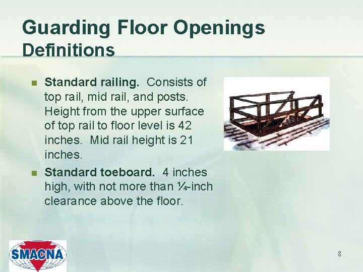 Guarding Floor Openings Definitions n n Standard railing. Consists of top rail, mid rail,