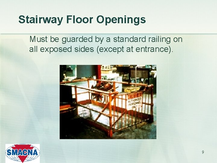 Stairway Floor Openings Must be guarded by a standard railing on all exposed sides