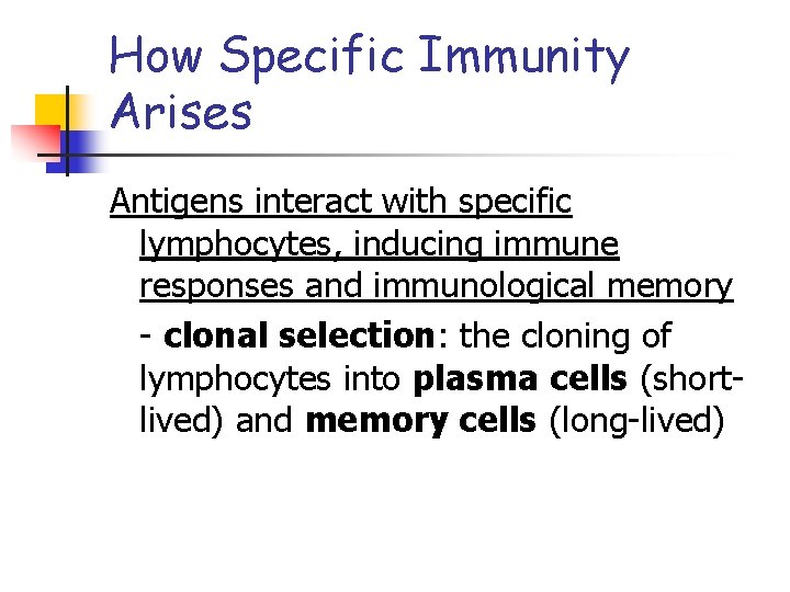 How Specific Immunity Arises Antigens interact with specific lymphocytes, inducing immune responses and immunological