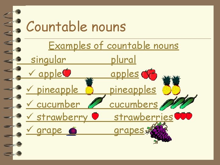 Countable nouns Examples of countable nouns singular plural apples pineapple cucumber strawberry grape pineapples