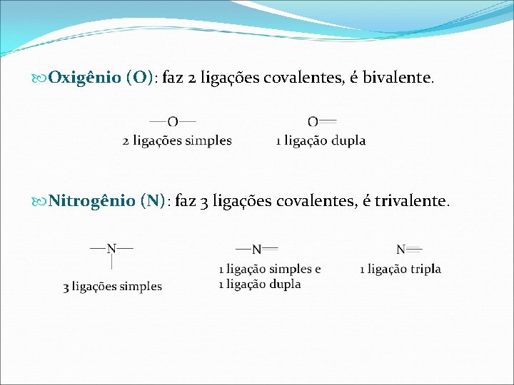  Oxigênio (O): faz 2 ligações covalentes, é bivalente. Nitrogênio (N): faz 3 ligações