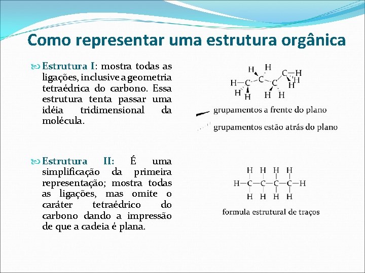 Como representar uma estrutura orgânica Estrutura I: mostra todas as ligações, inclusive a geometria