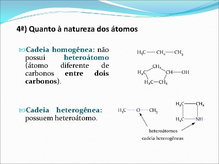 4ª) Quanto à natureza dos átomos Cadeia homogênea: não possui heteroátomo (átomo diferente de