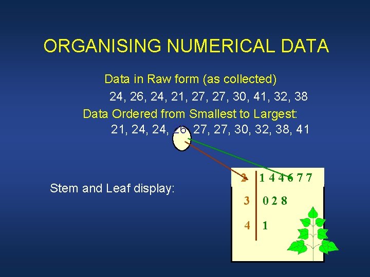 ORGANISING NUMERICAL DATA Data in Raw form (as collected) 24, 26, 24, 21, 27,