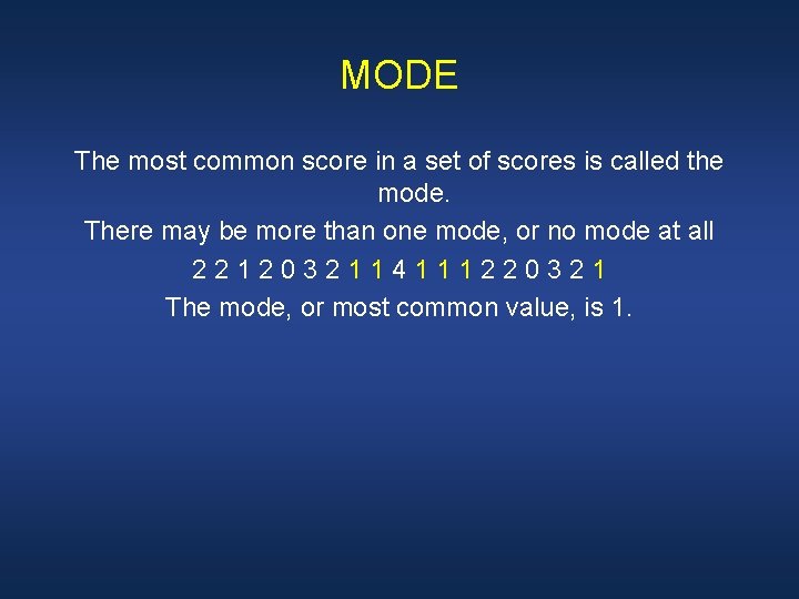 MODE The most common score in a set of scores is called the mode.