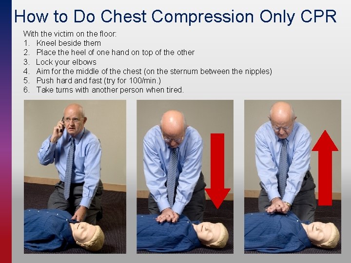 How to Do Chest Compression Only CPR With the victim on the floor: 1.