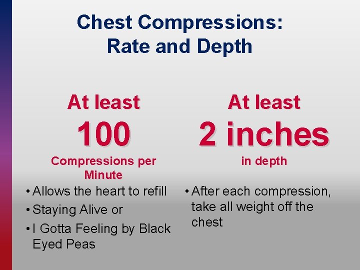 Chest Compressions: Rate and Depth At least 100 2 inches Compressions per Minute in