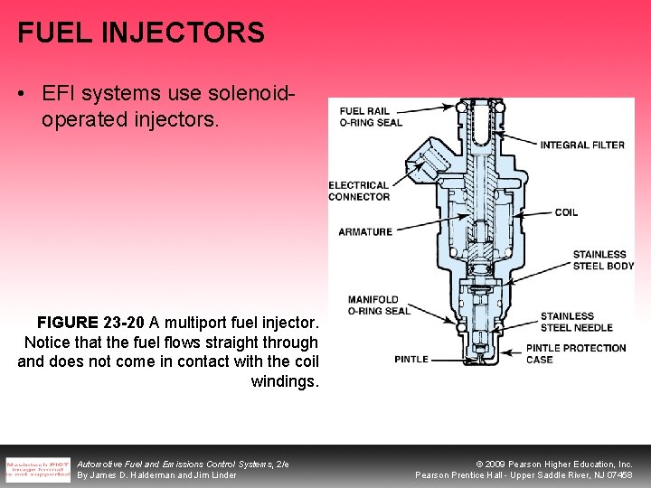 FUEL INJECTORS • EFI systems use solenoidoperated injectors. FIGURE 23 -20 A multiport fuel