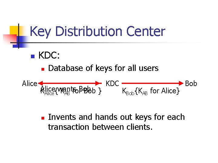 Key Distribution Center n KDC: n Alice Database of keys for all users Alice