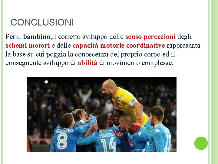 CONCLUSIONI Per il bambino, il corretto sviluppo delle senso percezioni degli schemi motori e