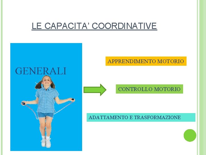 LE CAPACITA’ COORDINATIVE APPRENDIMENTO MOTORIO GENERALI CONTROLLO MOTORIO ADATTAMENTO E TRASFORMAZIONE 