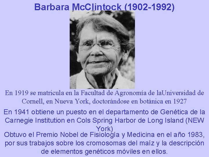 Barbara Mc. Clintock (1902 -1992) En 1919 se matricula en la Facultad de Agronomía