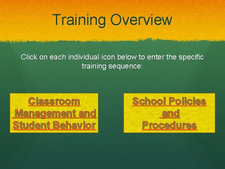 Training Overview Click on each individual icon below to enter the specific training sequence: