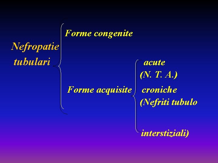 Forme congenite Nefropatie tubulari acute (N. T. A. ) Forme acquisite croniche (Nefriti tubulo