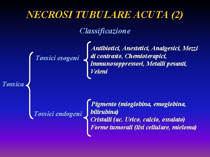 NECROSI TUBULARE ACUTA (2) Classificazione Tossici esogeni Antibiotici, Anestetici, Analgesici, Mezzi di contrasto, Chemioterapici,
