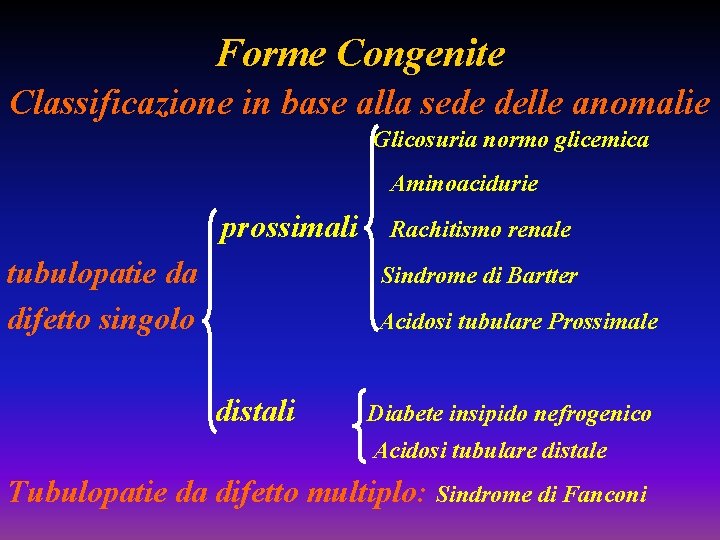 Forme Congenite Classificazione in base alla sede delle anomalie Glicosuria normo glicemica Aminoacidurie prossimali