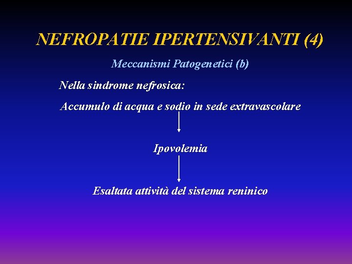 NEFROPATIE IPERTENSIVANTI (4) Meccanismi Patogenetici (b) Nella sindrome nefrosica: Accumulo di acqua e sodio