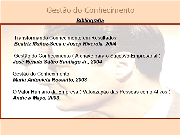 Gestão do Conhecimento Bibliografia Transformando Conhecimento em Resultados Beatriz Muñoz-Seca e Josep Riverola, 2004