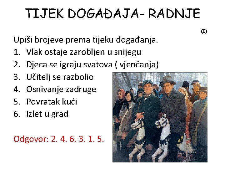 TIJEK DOGAĐAJA- RADNJE Upiši brojeve prema tijeku događanja. 1. Vlak ostaje zarobljen u snijegu