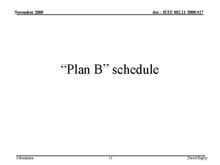 November 2000 doc. : IEEE 802. 11 -2000/427 “Plan B” schedule Submission 11 David