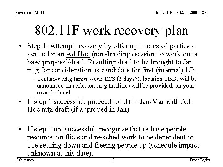 November 2000 doc. : IEEE 802. 11 -2000/427 802. 11 F work recovery plan