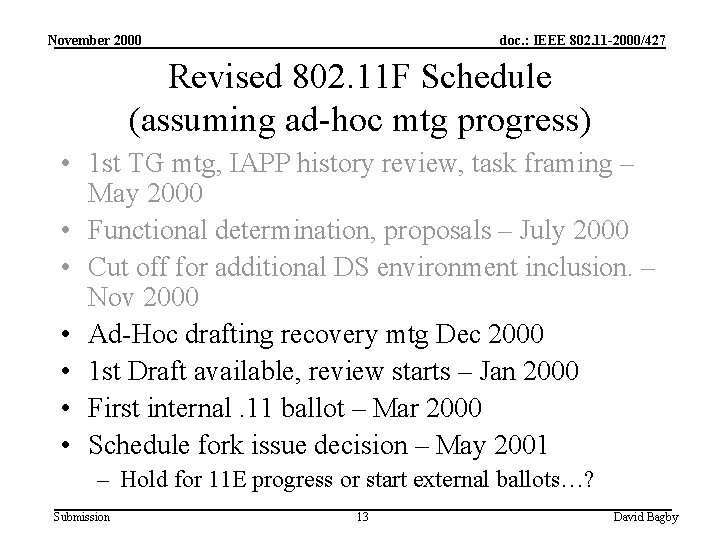 November 2000 doc. : IEEE 802. 11 -2000/427 Revised 802. 11 F Schedule (assuming