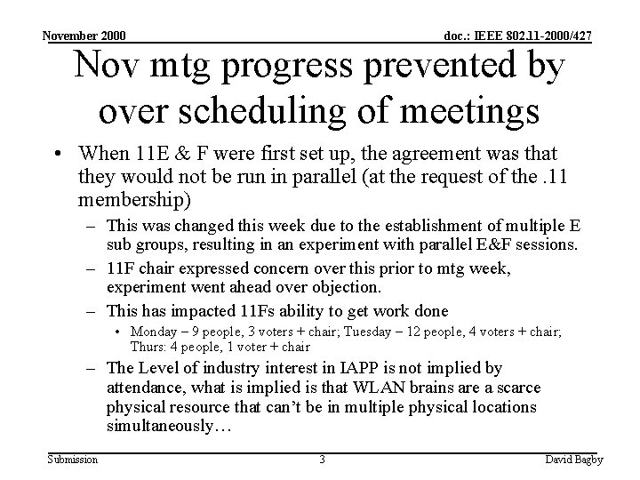November 2000 doc. : IEEE 802. 11 -2000/427 Nov mtg progress prevented by over