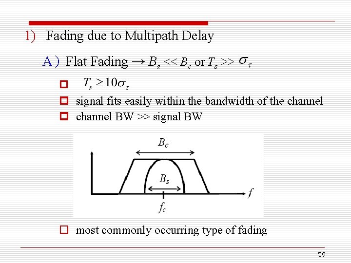 1) Fading due to Multipath Delay A）Flat Fading → Bs << Bc or Ts