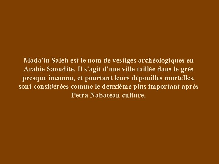 Mada'in Saleh est le nom de vestiges archéologiques en Arabie Saoudite. Il s'agit d'une