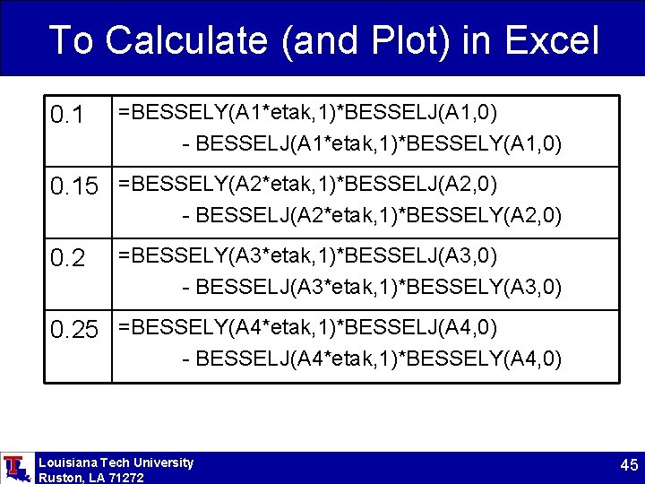 To Calculate (and Plot) in Excel 0. 1 =BESSELY(A 1*etak, 1)*BESSELJ(A 1, 0) -