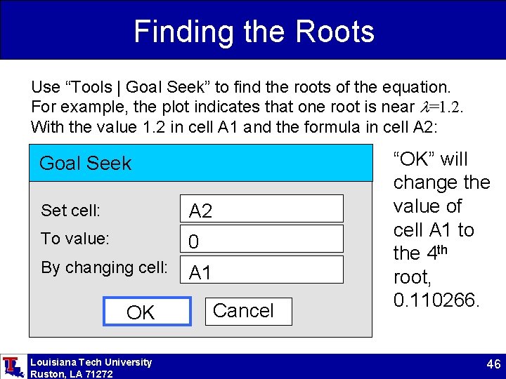 Finding the Roots Use “Tools | Goal Seek” to find the roots of the