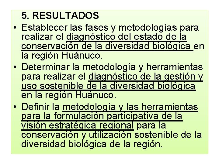 5. RESULTADOS • Establecer las fases y metodologías para realizar el diagnóstico del estado