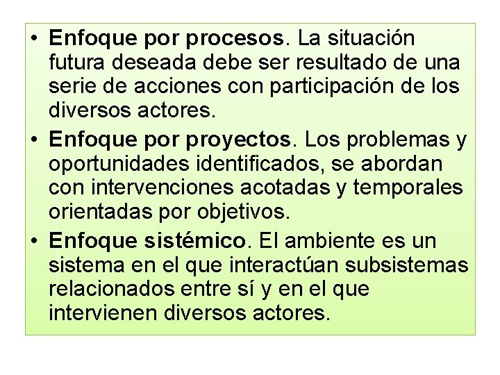  • Enfoque por procesos. La situación futura deseada debe ser resultado de una