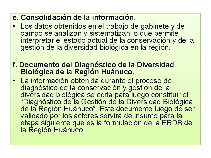 e. Consolidación de la información. • Los datos obtenidos en el trabajo de gabinete