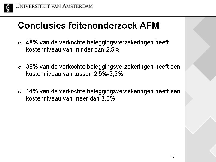 Conclusies feitenonderzoek AFM ¢ ¢ ¢ 48% van de verkochte beleggingsverzekeringen heeft kostenniveau van