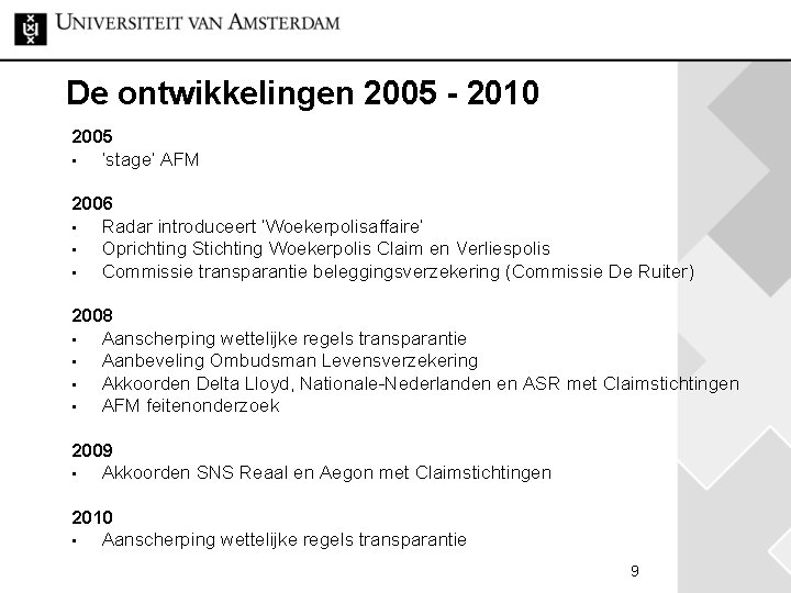 De ontwikkelingen 2005 - 2010 2005 • ‘stage’ AFM 2006 • Radar introduceert ‘Woekerpolisaffaire’