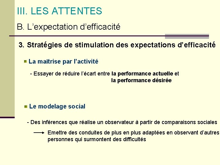 III. LES ATTENTES B. L’expectation d’efficacité 3. Stratégies de stimulation des expectations d’efficacité La