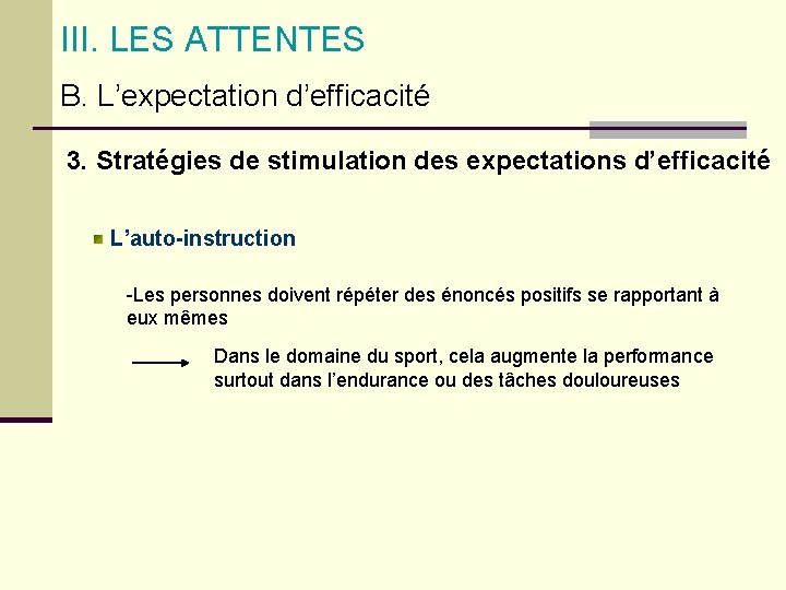 III. LES ATTENTES B. L’expectation d’efficacité 3. Stratégies de stimulation des expectations d’efficacité L’auto-instruction