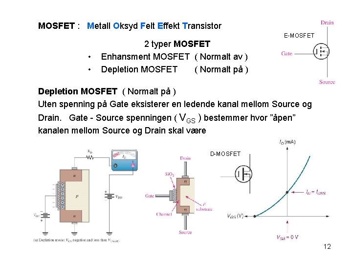 MOSFET : Metall Oksyd Felt Effekt Transistor E-MOSFET • • 2 typer MOSFET Enhansment