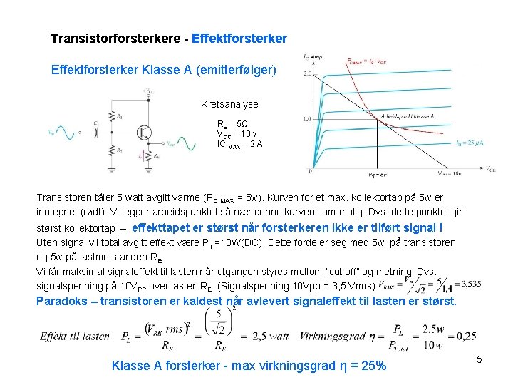 Transistorforsterkere - Effektforsterker Klasse A (emitterfølger) Kretsanalyse RE = 5Ω VCC = 10 v