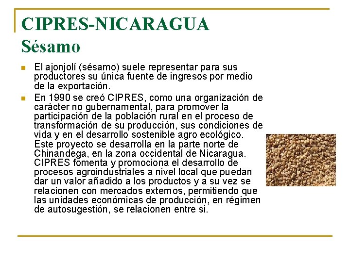 CIPRES-NICARAGUA Sésamo n n El ajonjolí (sésamo) suele representar para sus productores su única